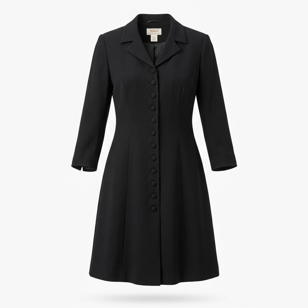 Talbots Petites Vintage Black Wool Velvet Trim Button Front Coat Dress Size 8P